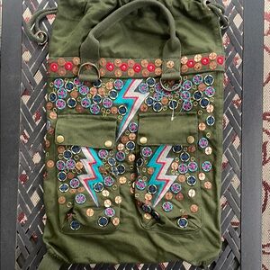 Free People X the Falls Olive Canvas Backpack with Embroidered Accents